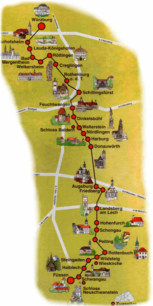 德国浪漫之路路线图（图片来源德国旅游局）